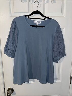 Chelsea & Theodore Dusty Blue Eyelet Puff Sleeve Tunic